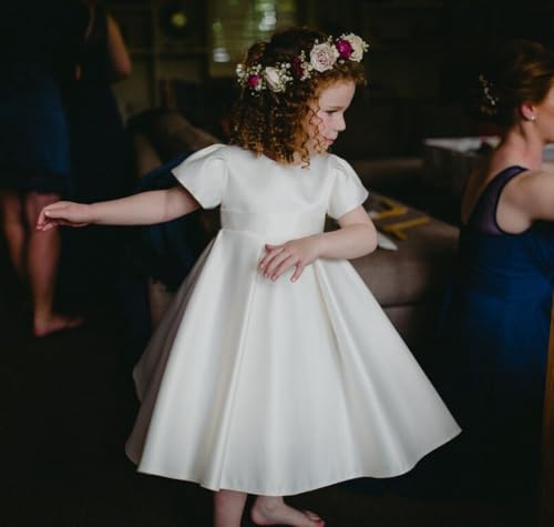 Satin Flower Girl Dress Knee-Length Kid's Party Dresses Cute Short Sleeves Girls Pageant Dress with Bow-Knot2
