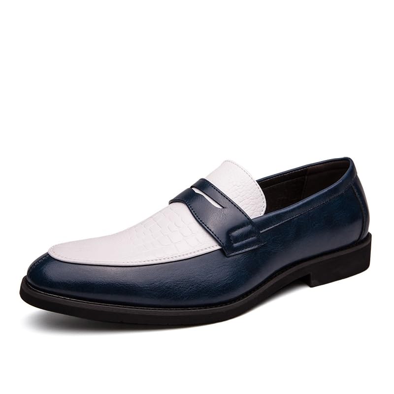 Formal Dress Shoes for Men Slip On Round Toe Two Tone PU Leather Penny Loafer Non Slip Low Top Rubber Sole Anti-Slip Outdoor(White Blue,9)