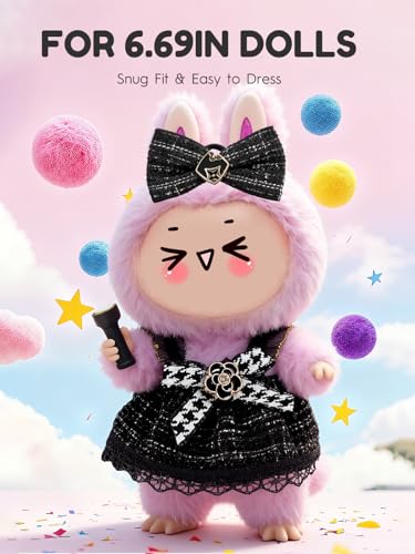 Image of Clothes for LABUBU 6.7inch (17cm) Doll, Cute Outfit Small Dress and Hairpin, Dress Up, Accessories (No Doll) (Black Dress)