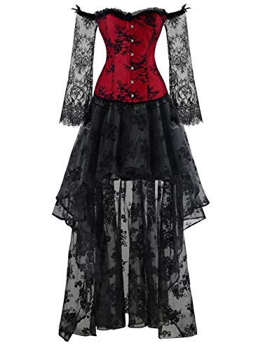 Kimring Women's Steampunk Victorian Elegant Off Shoulder Overbust Corset Dress Skirt Set With Lace Long Sleeves Black/Red Xxx-Large #TOP2