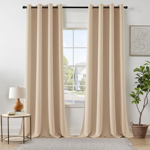 MIULEE Room Darkening Extra Long Curtains Thermal Insulated Drapes Solid Window Treatment Set Grommet Top Light Blocking Blackout Curtain for Living Room/Bedroom 2 Panels 52 x 112 inch Beige