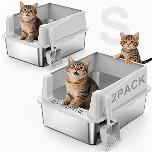 FURTIME 2 Pack Stainless Steel Cat Litter Box with Lid Metal Kitty Litter Box for Small Cats Kitten Litter Boxs with Non-Sticky Anti-Leakage Easy to Clean 17x13x8.4 (Small)