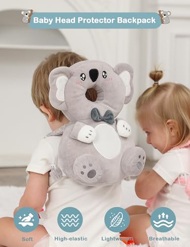 Image of JunNeng Baby Head Protector Backpack for Walking Crawling,Grey Koala | Soft, Breathable, Adjustable, Baby Fall Back Head Protector for Falling