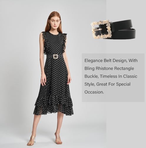 COTIM COYIN Women Rhinestone Leather Belt, Rhinestone and Gold Rose Square Buckle Belt for Pants Dress Jeans2