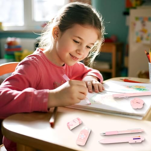 MOTIBACK Kugelstiftsatz Geschenkset 7-Teilig mit Ballpoint Stift Bleistift Gelstift Textmarker Universalmesser Korrekturband Radiergummi Schulbeginn für Saison Geschenk (Rosa)