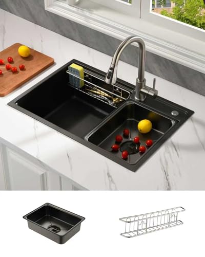 Baollansa Fregadero de Cocina de Acero Inoxidable 68x46 cm, 1 Cubeta con Sifón, Desbordamiento y Accesorios de Vaciado, Fregadero Moderno Multifuncional Negro para Encimeras  80 cm (Gris Negro)