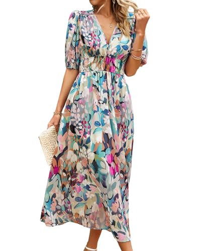Image of UONBOX Women's V Neck Floral Dress Summer 2025 Trendy Pleated Boho Flowy Puff Sleeve Maxi Dress