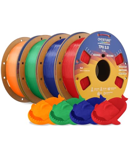 Image of OVERTURE Upgrade TPU 2.0 4KG Bundle High-Speed 3D Printer Filament 1.75mm | 95A Soft Fast Printing High Elasticity & Durability, 4 Pack 1kg Spool (2.2lbs) (Red+Blue+Green+Neon Orange)