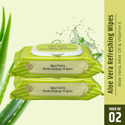 Image of Omeo Aloe Vera Refreshing & Hydrating Wet Wipes, 25N in Each (Pack of 2) | Face Cleansing, Makeup Remover Wipes with Mint Oil & Vitamin E | Sulphate, Paraben & Alcohol Free - Women and Men