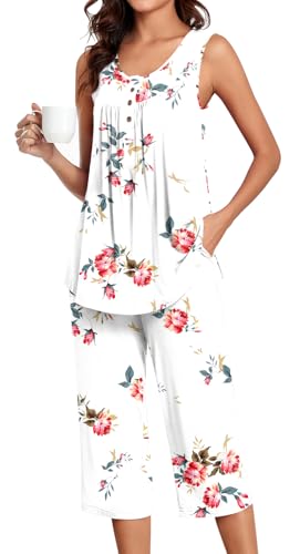 Image of Bestbee Women's Sleeveless Pajama Sets 2 Piece Sleepwear Summer Lounge Outfits Henley Tanks Capri Pants Ladies Pjs