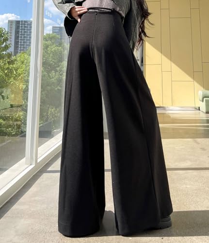 chouyatou Women's Winter Wool Wide Leg Palazzo Pants High Waisted Wool Blend Baggy Trousers Culottes4