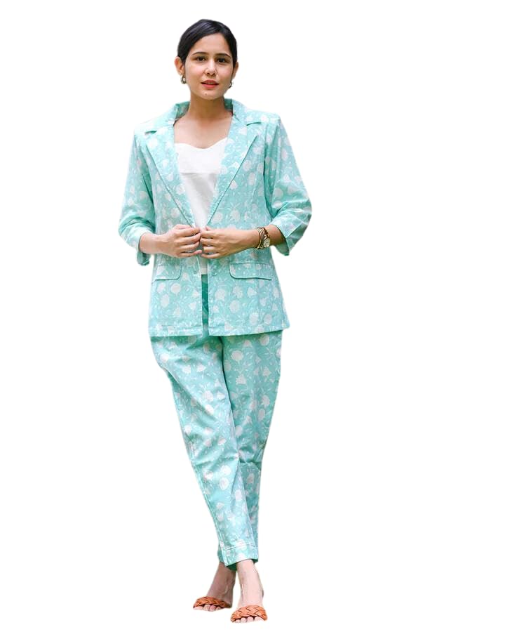 Leriya Fashion Women Rayon Floral Regular Relaxed Fit Full Sleeve Co-Ord Blazer Trouser Set(Available In 2Xl And 3Xl) (Lf-K-W1783&Tr842_Light Blue_S)