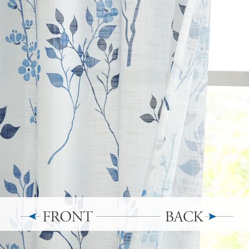 Image of Beauoop Floral Linen Semi Sheer Curtains Living Room Blue Navy 50x63 2 Set