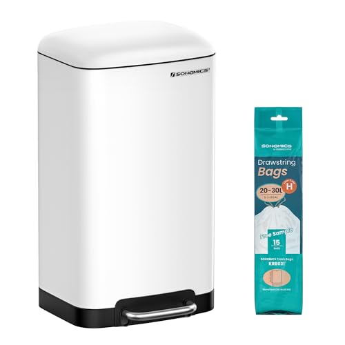 SONGMICS Poubelle 30L, avec Pédale en Acier, Seau Intérieur et Couvercle, Poignée, Fermeture en Douceur, Hermétique, pour Cuisine, Salon, Blanc LTB01W