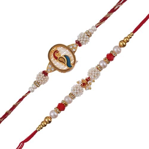 Image of eCraftIndia Set of 2 Yellow, White & Maroon Designer Diamond Rakhis with Roli Chawal Pack