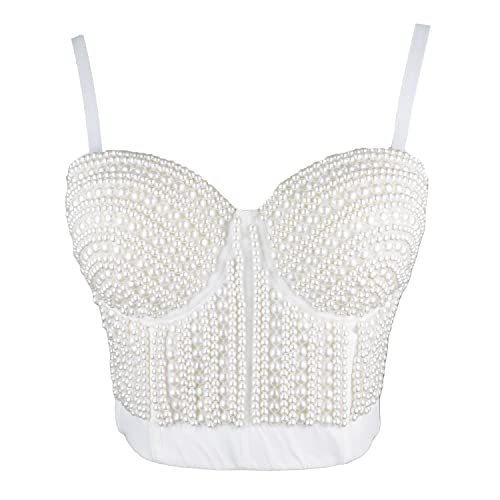 ELLACCI Woment's Pearls Beaded Bustier Crop Top Club Party Sexy Corset Top Bra White2