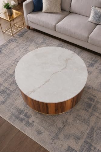 Image of WOODEN SPACE Round Marble-Top Wooden Center Table for Living Room | Modern Entryway Furniture | Coffee Table - 30X30X18 Inch (Natural Teak Wood Finish)
