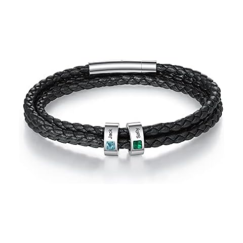 Albertband Men Bracelet Black Personalized Birthstones Bracelets Silver Leather Bracelet Ladies with Engraving 1-5 Names Friendship Family Gifts Silver Charm Bracelet (2 names-21cm) Cover