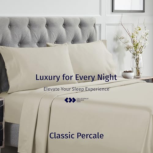 California Design Den Certified 100% Egyptian Cotton Sheets California King Size Set - Lightweight Percale California King Sheet Set with Deep Pockets, Cool, Crisp & Durable Luxury Bedding Set - Beige