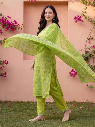 Image of INDO ERA Women's Pure Cotton Printed Straight Kurta & Pant with Dupatta Set