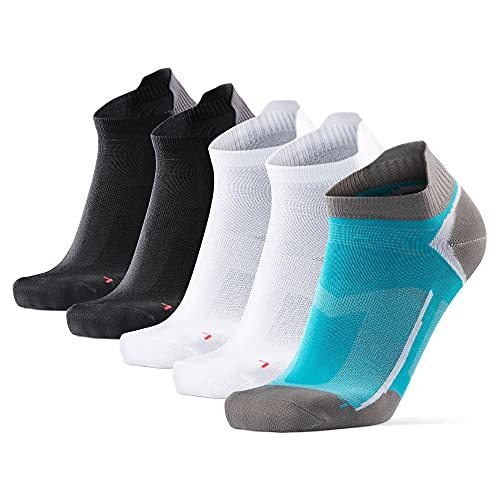 DANISH ENDURANCE Chaussettes de Running Basses pour Homme et Femme,Socquettes Respirantes et Anti-Ampoule, 43-47, Multicouleurs (2x Noir, 2x Blanc, 1x Bleu Caraïbes), Lot de 5