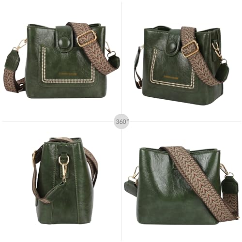 Image of Women Vintage Crossbody Shoulder Bag Pu Leather Bucket Hobo Bag Multipockets Handbag Purse with Guitar Strap