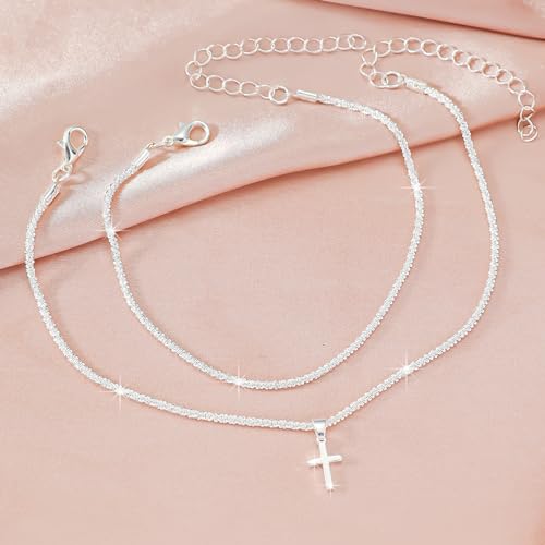 Gtrlums 14K Gold Plated Boho Layered Glitter Anklets with Rhinestone Cross, Waterproof Beach Jewelry for Summer Style - Image 3