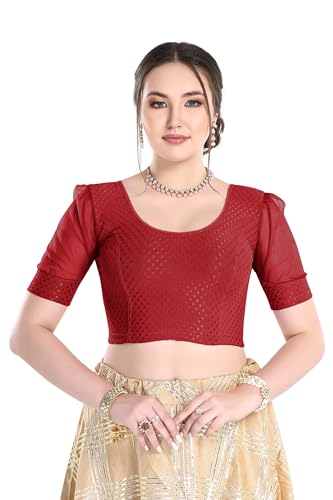 Image of FINESTFIT Stay On Trend Fashion 100% Cotton Readymade Blouses for Women,Round Neckline with Organza Balloon Sleeves.