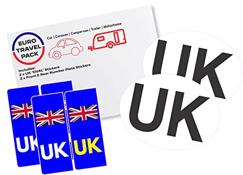 Euro Vehicle Travel Pack – 2 x UK White Oval Stickers and 2 x Front & Rear Blue Number Plate Stickers – Replaces GB Sticker for Car Van Caravan Truck Motorhome France Spain Germany Europe Eurotunnel
