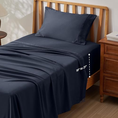 Image of Bedsure Deep Pocket Twin Sheets Set - Fits Mattresses Up to 21 Inches Thick -3 Piece GentleSoft Bed Sheets, Moisture Wicking, Soft & Cooling Bedsheet & Pillowcases, Easy & Secure Fit, Navy