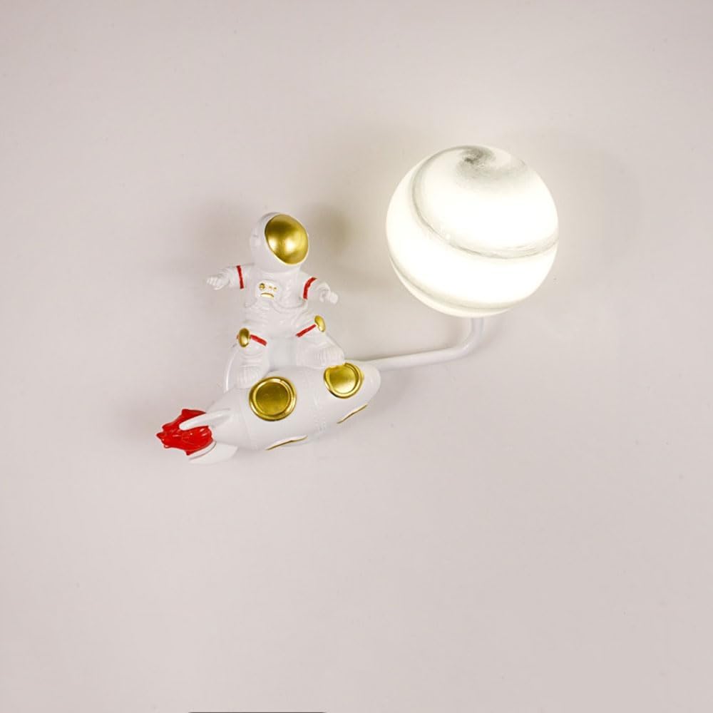 Modern New Glass Moon Wall Light Fixture LED 3-Color Nordic Cartoon Round Wall Sconce for Children Bedroom Astronaut Wall Mount Lamp Headboard Foyer Astronaut Wall Sconce for Boys and Girls