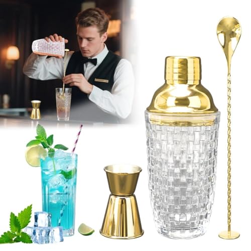 Lonrtesw Coctelera de 400 Ml, Mezcladora de Cócteles, Coctelera de Acero Inoxidable - Coctelera de Vidrio con Tejido