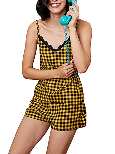 Conjunto de pijama sin mangas con tirantes delgados para mujer, con ribete de encaje, 2 piezas, camisola y pantalones cortos, amarillo, L