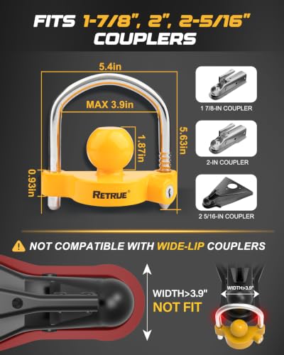 Image of RETRUE Universal Coupler Lock Trailer Locks Ball Hitch Trailer Hitch Lock Adjustable Security Heavy-Duty Steel Fits 1-7 /8 Inch, 2 Inch, 2-5 /16 Inch Couplers (Pack of 2)