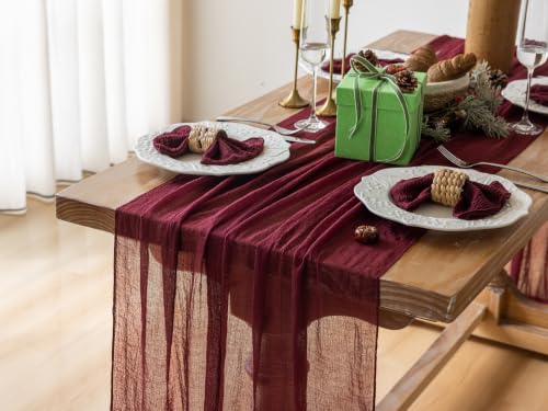 Image of Fall Christmas Decorations Burgundy Cheesecloth Table Runner 120 Inches
