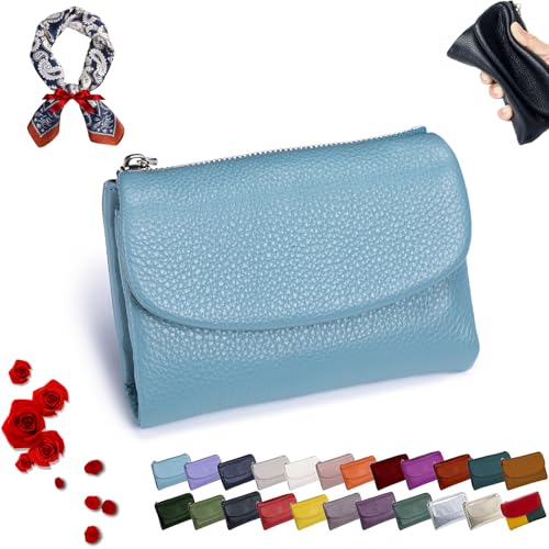 Joyfullygo Wallet, Joyfullygo Unisex Soft Pebble Leather Wallet, Relevantk Wallet, Waterproof Soft Leather Wallets for Women, Genuine Soft Leather Small Purses Ladies Billfold (Linen Blue)