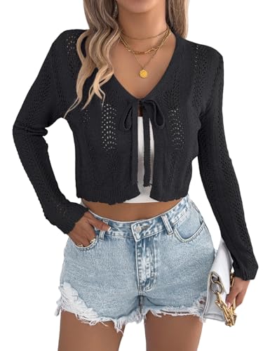 Image of Spicy Sandia Tie Front Sheer Shrug 3 /4 Sleeve Cropped Crochet Cardigan for Summer Lightweight