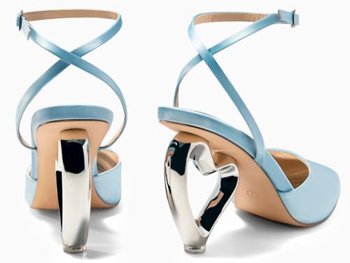 Image of Coutgo Womens Kitten Heels Closed Pointed Toe Heart Heel Ankle Strap Satin Pumps Wedding Prom Dress Valentine Shoes