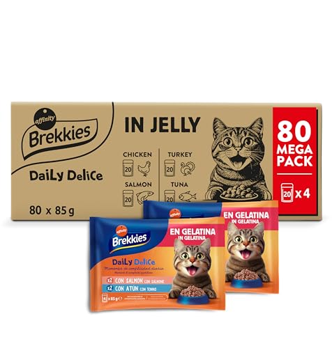 Brekkies Daily Delice Comida Húmeda para Gatos Bocaditos en gelatina (Pollo, Pavo, Salmón y Atún) - Jumbo Pack de 80 x 85g