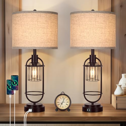 29'' Tall Table Lamps for Living Room Set of 2, 2-Light Farmhouse Bedside Lamps with USB Ports, Rustic Nightstand Lamps with Beige Shade, Industrial Desk Lamp for Bedroom End Table Reading, Brown