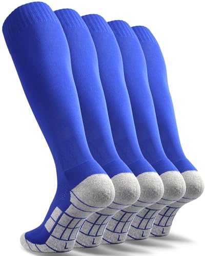 CWVLC Youth Soccer Socks 5 Pairs Girls Boys Softball Sport Team Athletic Knee High Long Tube Cotton Compression Baseball Socks Blue Medium (5Y-7Y Youth/6-10 Women)