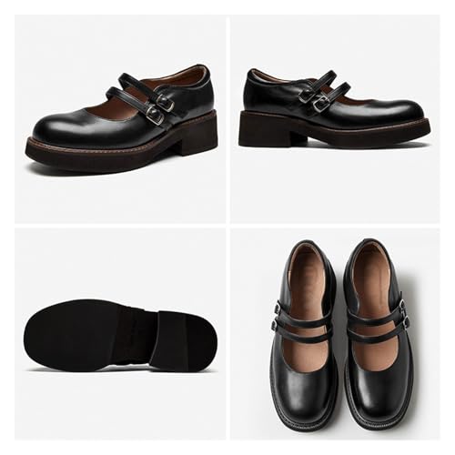 Loafers for Women Women's Calfskin Leather Round Toe Double Buckle Straps Uniform Shoes with Thick Sole2