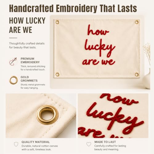 Image of How Lucky Are We Embroidered Banner, Fabric Wall Hanging Decor