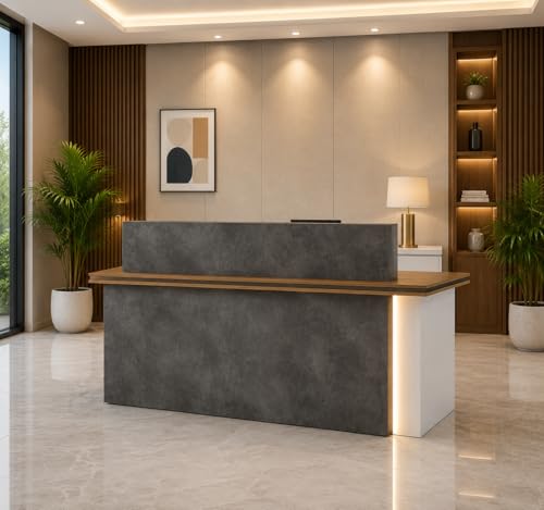 Image of Modern Reception Desk for Office, Hotel, Salon, Clinic, Spa & Commercial Lobby | Luxury Stone Finish Front Reception Counter Table with Workspace Area - (RCT-003 LPB L6W2)