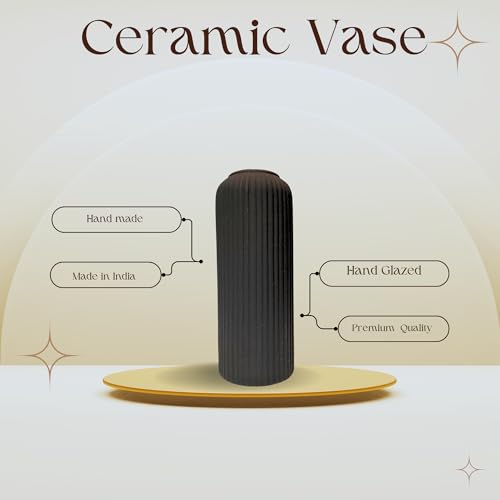 Image of KREATIVE ART'S Modern Ribbed Design Ceramic Flower Vase for Living Room, Flower Pots for Artificial Flower, Home Decoration Item, Home Decor, Vases for Living Room (Black, Large)