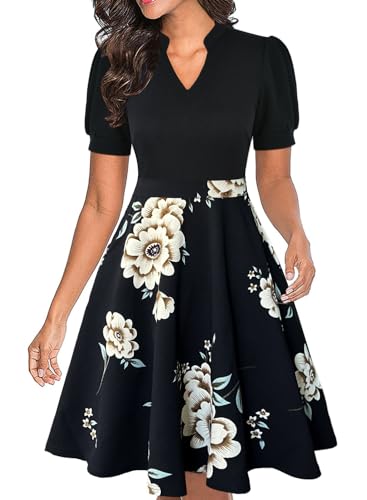 Mokayee Flattering Dresses to Hide Tummy Womens Casual Summer Black Floral Short Puff Sleeve...