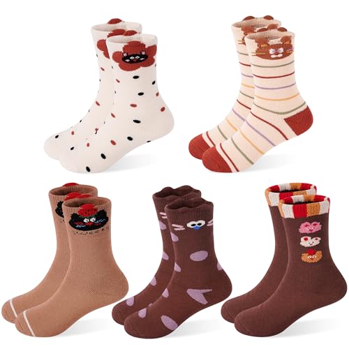 SPTRAMLE Girls Warm Socks, Kids Winter Socks for Toddler Girls (6-8 Years), 5 Pairs Thicken Crew Socks Cat