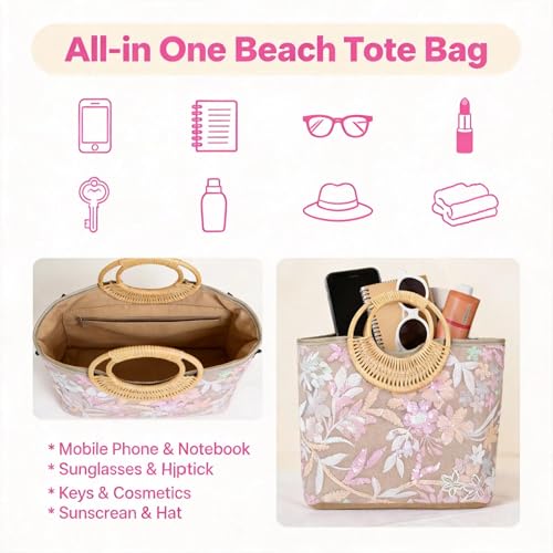 Bolso Tote para mujer con asas de bambú redondo miniatura 6