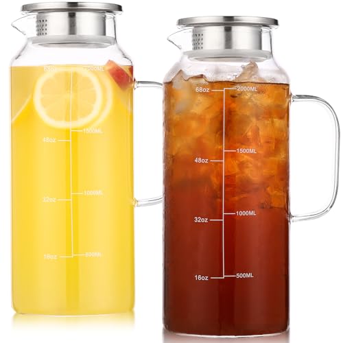 2-Pack Glass Pitcher with Lid, 68oz 2 Quart Water Pitchers With Handle for Fridge. Glass Carafe for Hot/Cold Drink, Large Jug for Iced Tea, Lemonade, Coffee, Juice, Milk