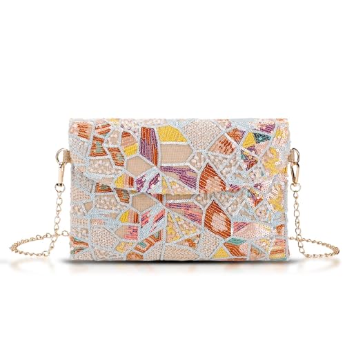 Image of Clutch Purses for Women, Envelope Package, Sequin Embroidered Flowers Straw Bag, Bohemian Handmade Handbags